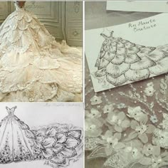 four different wedding gowns with lace on them