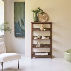 a living room filled with furniture and a potted plant on top of a shelf