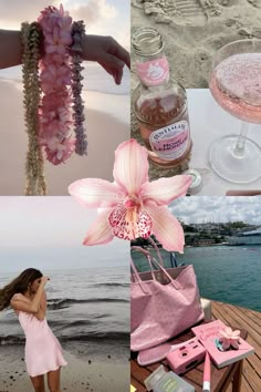 a collage of photos with pink flowers and items on the beach, including a woman's hand holding a purse