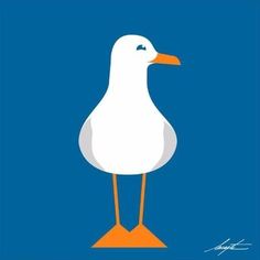 a white seagull with orange legs standing on an orange cone in front of a blue background