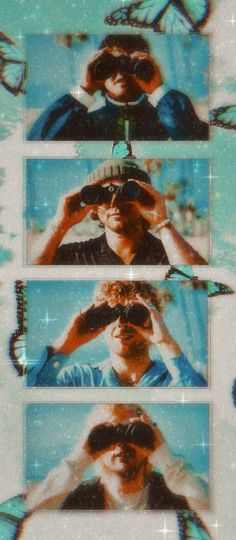 three images of a man with glasses and butterfly wings on his head, in the background is an image of butterflies