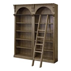 an open bookcase with a ladder leaning against the front and side shelves on both sides