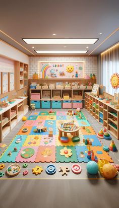 a child's playroom with lots of toys on the floor