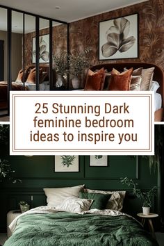 a bedroom with green walls and pictures on the wall above it that says, 25 stunning dark feminine bedroom ideas to inspire you