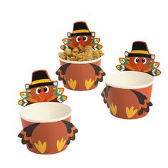 three thanksgiving turkey cups filled with cereal