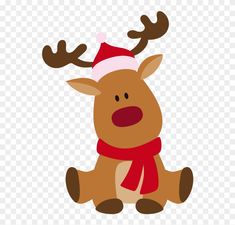 a reindeer with a red hat and scarf on it's head, sitting down