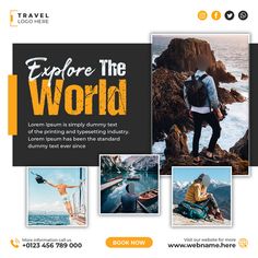 an advertisement for the travel company explore the world, with images of people and mountains