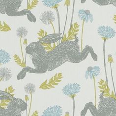 an animal print wallpaper with blue flowers and green leaves on white background, featuring a rabbit running through dandelions