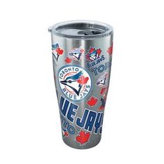 the toronto blue jackets travel tumbler is shown in silver with red, white and blue designs