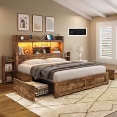 a large bed sitting on top of a wooden floor next to a white rug in a bedroom