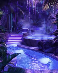 a pool surrounded by lush green plants and purple lighting