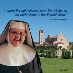 an old woman wearing a nun outfit in front of a large building with a quote on it