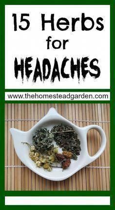 herbs for headaches in a white bowl on top of a bamboo mat with the words, 15 herbs for headaches