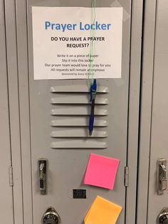 two lockers with post it notes attached to the doors and one has a sign that says, prayer lockerer do you have heaven?