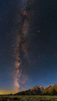 the milky shines brightly in the night sky above mountains and grass, with trees on either side