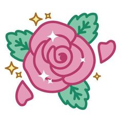 a pink rose with green leaves and hearts on it's side, surrounded by stars