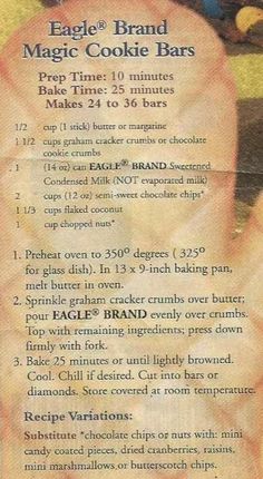 an advertisement for eagle brand magic cookie bars with instructions on the front and back side