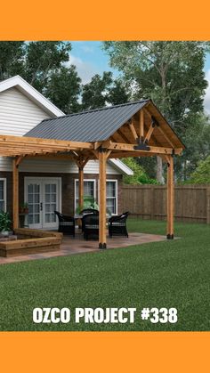 a small house with a covered patio and grilling area in the front yard is shown