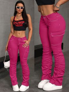 Women Button Front Pocket Casual Jean Pants, Daily Wear Hot Pink Casual   Denim Plain Skinny High Stretch  Women Clothing, size features are:Bust: ,Length: ,Sleeve Length: Hot Pink Jeans, Bridal Gloves, Jean Pants, Pink Jeans, Jeans Casual, Women's Shapewear, Pleated Pants, Women Denim Jeans, Cropped Denim