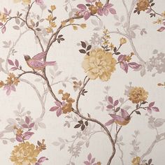 a floral wallpaper with birds and flowers on the branches in yellow, pink, grey and white colors