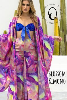 Introducing our fabulous long silky and gorgeous Blossom Kimono - the epitome of versatility! Whether you're hitting the marina scene or painting the town fuchsia at the coolest music festival, this beauty's got you covered. Fitted Floral Kimono For Festival, Fitted Spring Vacation Kimono, Spring Beach Fitted Kimono, Vibrant Spring Kimono With Vibrant Print, Pink Beachwear Kimono For Spring, Purple Bohemian Kimono For Spring, Bohemian Purple Kimono For Spring, Pink Kimono For Beach Festival, Pink Floral Print Kimono For Festival