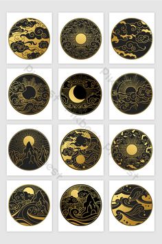 twelve gold and black plates with designs on them