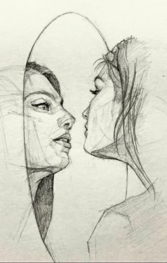 two women facing each other with their faces drawn in pencil and colored pencils on paper