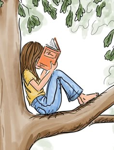 a woman sitting in a tree reading a book while holding her head up to her face