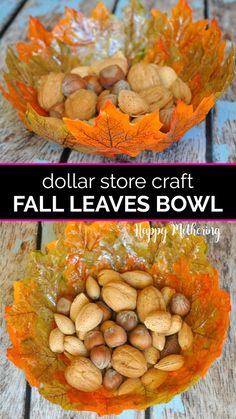 two bowls filled with fall leaves and nuts on top of a wooden table next to each other