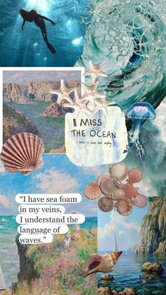 the collage has many different pictures and words on it, including an ocean theme