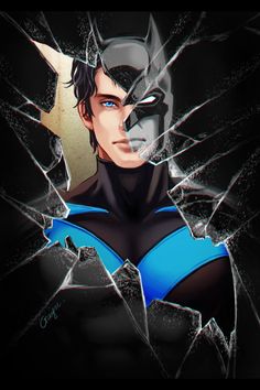 an animated batman character with broken glass on his face and chest, looking through the hole in