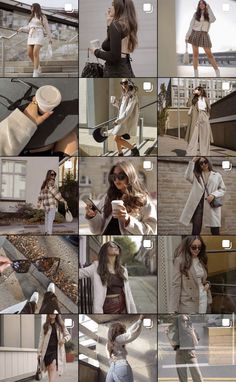 Screenshot of a beige/brown toned Instagram feed (5x3 mini photos of a girl wearing various clothing and style) Feed For Instagram, Style Instagram Feed, Instagram Grid Layout, Beige Tones, Style Instagram, Brown And Beige