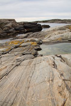 the rocks are covered with moss and water