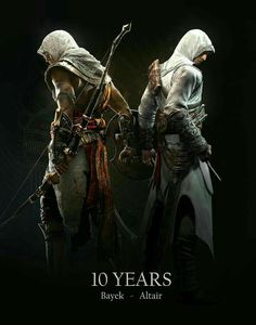 two men dressed in costumes and holding swords, with the words 10 years above them