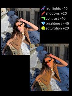 two pictures of a woman wearing sunglasses and standing in the snow