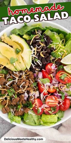 This quick and easy taco salad recipe is a healthier way to enjoy Mexican food. It comes together in less than 20 minutes, so it's a great option for a quick weeknight meal. Seasoned ground beef is served with a fresh salad and finished with a tangy sour cream dressing for one delicious dinner.