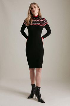 Fairisle Knitted Jumper Dress Knitted Jumper Dress, Black Jumper Dress, Latest Dress For Women, Striped Knit Dress, Ribbed Knit Dress, Frill Dress, Exclusive Dress, Knit Sweater Dress, Halterneck Dress