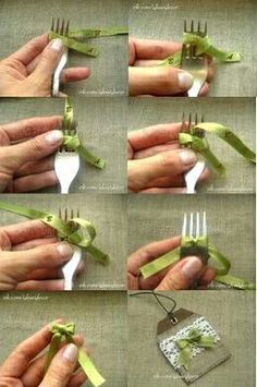 the steps in how to tie a ribbon around a fork and knife with green tape