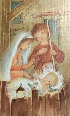 a painting of three children in a manger scene