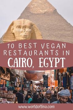 people walking around in front of an egyptian pyramid with text overlay reading 10 best vegan restaurants in cairo, egypt