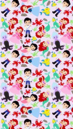 the little mermaids and their friends are depicted in this seamless pattern on pink