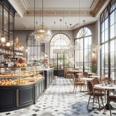 the interior of a restaurant with many tables and chairs, windows, and chandeliers