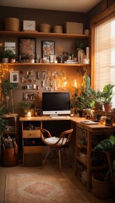 a home office with lots of plants on the desk and shelves filled with books, pictures, lights, and other items