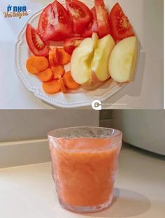 there is a plate with sliced vegetables and a glass cup filled with juice on the table