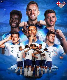 a group of soccer players standing together in front of a blue background with the words england on it