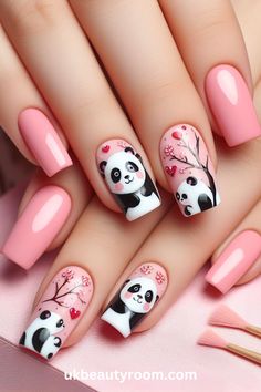 Panda Nail Art, Pink Nail Ideas, Bright Pink Nails, Disney Acrylic Nails, Nail Types, Kutek Disney, Pink Manicure, Pink Ombre Nails