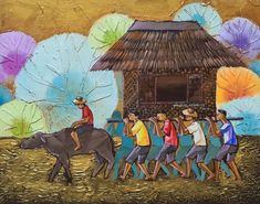 a painting of people walking in front of a hut