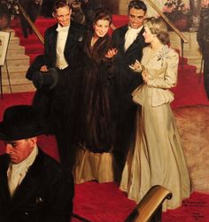 an image of a painting of people walking down the red carpeted stairs with two men and one woman