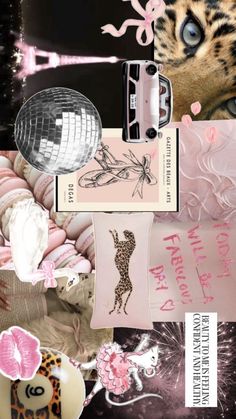 a collage of pink and black items with leopard print on them, such as an animal