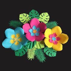 paper flowers with leaves and palm leaves on a black background, cut out from different colors